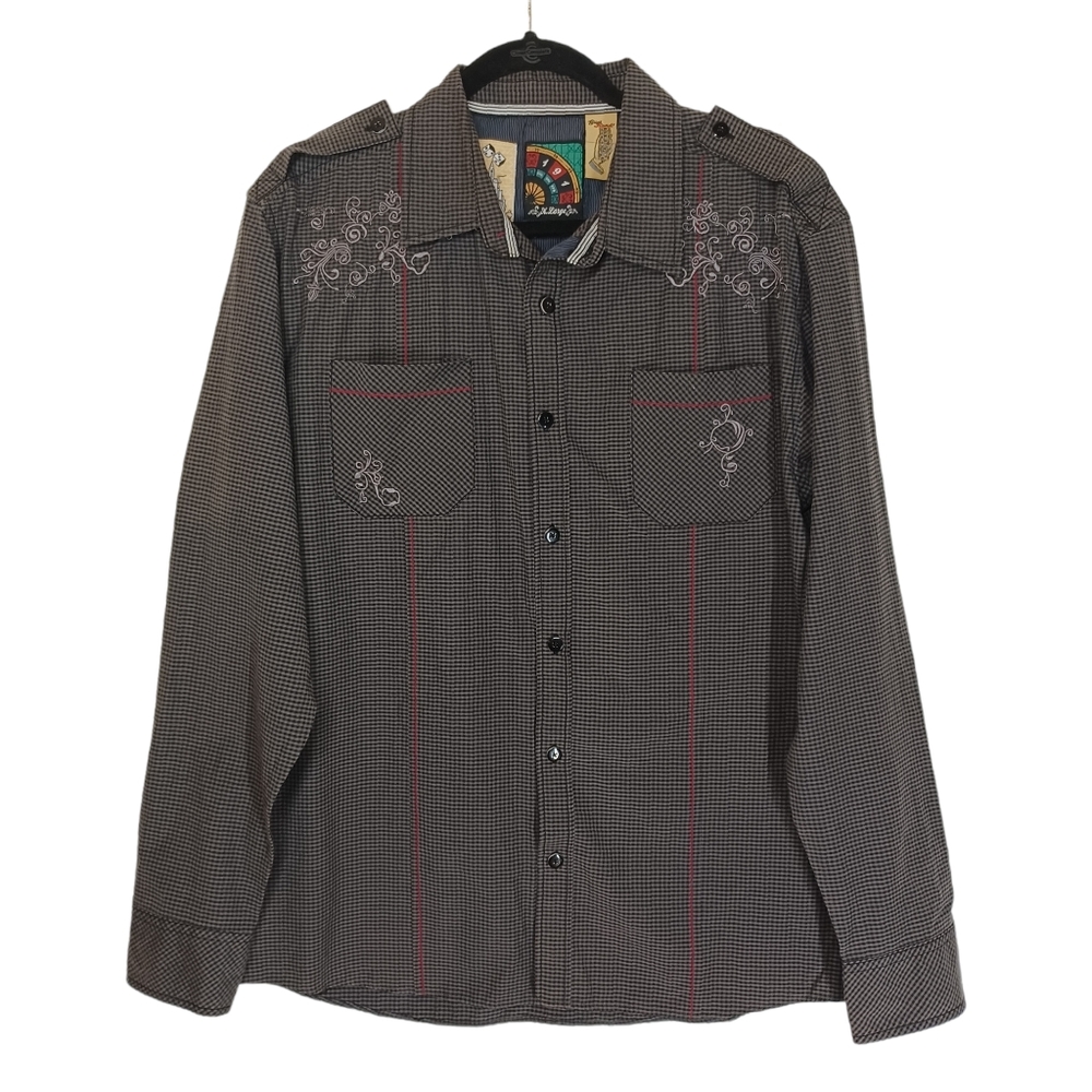 191 UNLIMITED Gray Black Check Plaid Print Red Stripe Button Front Shirt XL
